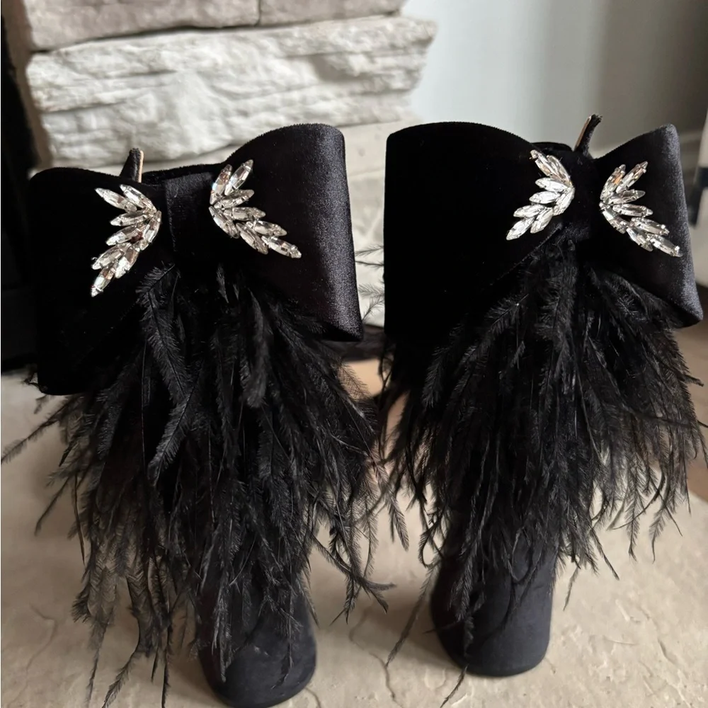 NWT Antonio Melani Velvet Platform Dress feathers bows Sandals heels prom, 8